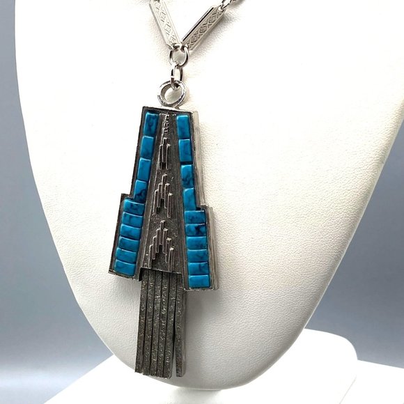 Vintage Whiting and Davis Bar Link Necklace with Southwestern Feel Geometric - Picture 4 of 6